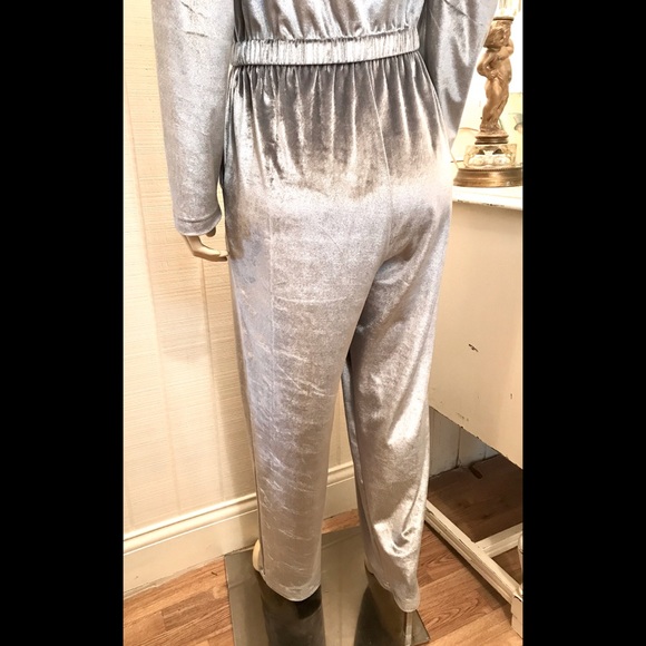 Shiny Silver Velvet Jumpsuit Retro Vintage Mod Rare - Picture 7 of 9